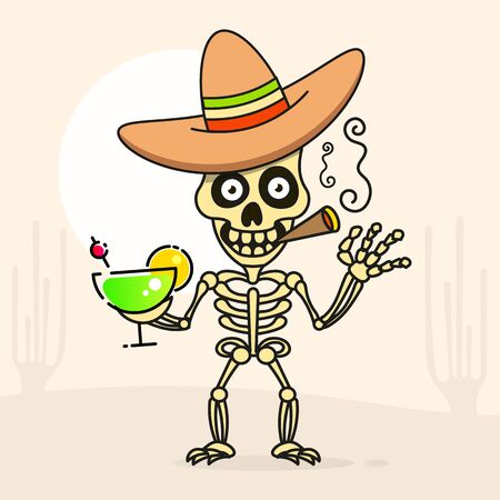 Skull In The Mexican Sombrero Hat. Vector Illustrationのイラスト素材