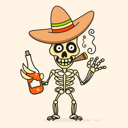 Skull In The Mexican Sombrero Hat. Vector Illustrationのイラスト素材