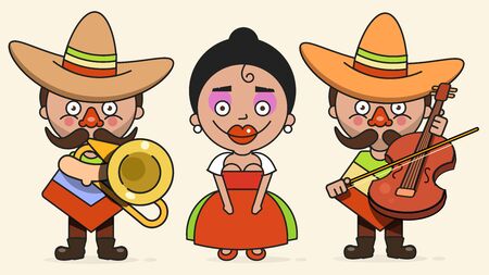 Mexican Musicians Vector Illustration With Two Men And A Woman With Guitars In Native Clothes And Sombrero Flat Vector Illustrationのイラスト素材