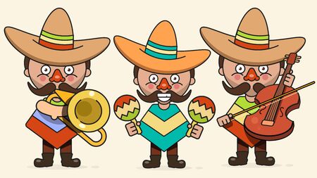 Mexican Musicians Vector Illustration With Three Men With Guitars In Native Clothes And Sombrero Flat Vector Illustrationのイラスト素材