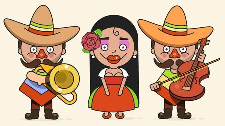 Mexican Musicians Vector Illustration With Two Men And A Woman With Guitars In Native Clothes And Sombrero Flat Vector Illustrationのイラスト素材