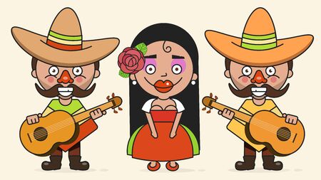 Mexican Musicians Vector Illustration With Two Men And A Woman With Guitars In Native Clothes And Sombrero Flat Vector Illustrationのイラスト素材