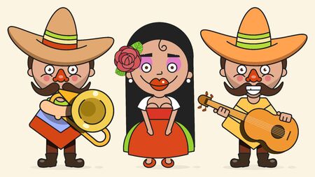 Mexican Musicians Vector Illustration With Two Men And A Woman With Guitars In Native Clothes And Sombrero Flat Vector Illustrationのイラスト素材