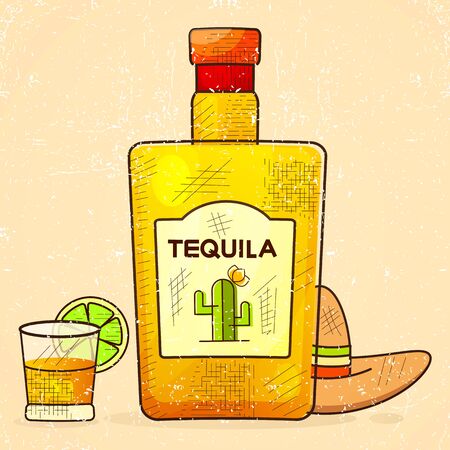 Mexican Background With A Fancy Bottle Of Tequila. Fancy Tequila Name Added. Template For Greeting Card, Invitation Or Poster. Vector File Eps10.のイラスト素材