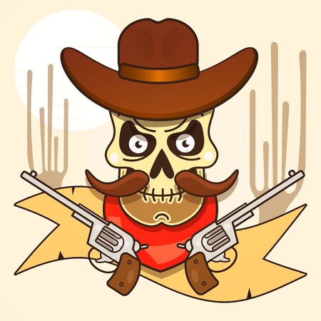 Wild West Skull Bandit With Pistols Vector Illustrationのイラスト素材
