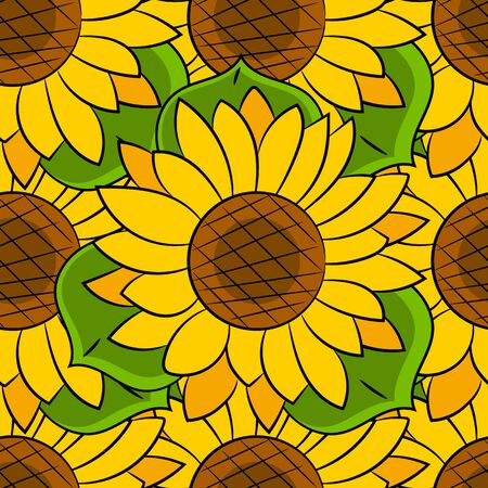 Seamless Pattern Of Sunflowers With Green Leaves Vector Illustrationのイラスト素材