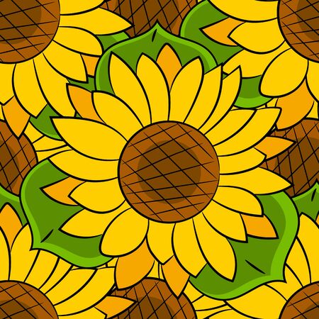Seamless Pattern Of Sunflowers With Green Leaves Vector Illustrationのイラスト素材