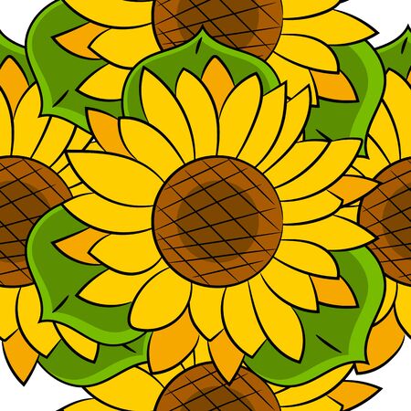 Seamless Pattern Of Sunflowers With Green Leaves Vector Illustrationのイラスト素材