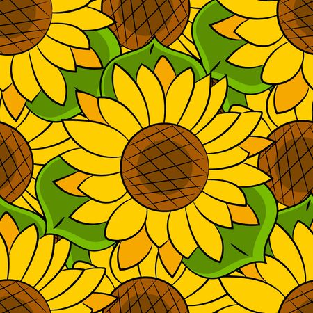 Seamless Pattern Of Sunflowers With Green Leaves Vector Illustrationのイラスト素材