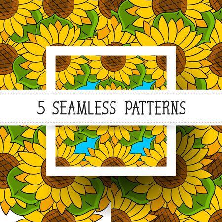 Set Seamless Pattern Of Sunflowers With Green Leaves Vector Illustrationのイラスト素材