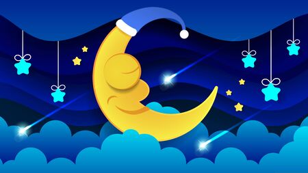 Cute Cartoon Moon In The Night Sky. Sleeping Moon Good Night Children. Bright Vector Illustration Suitable For Greeting Card, Poster Or T-shirt Printing.のイラスト素材