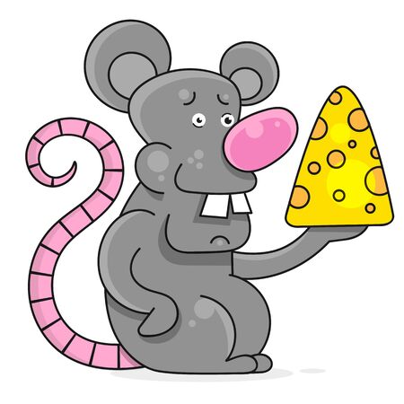 Funny And Cute Mouse Standing And Holding Cheese-vector. White Mouse. Chinese New Yearのイラスト素材