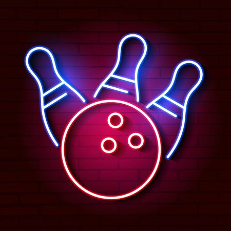 Bowling Ball And Skittles Neon Lights. Vector Illustrationのイラスト素材