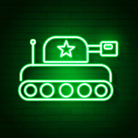 Glowing Neon Military Tank Icon Isolated On Brick Wall Background. Vector Illustrationのイラスト素材