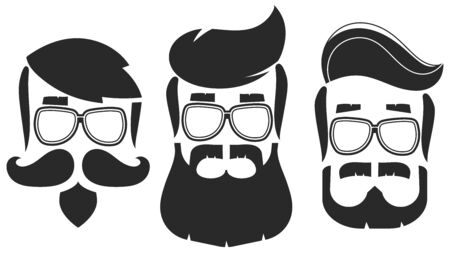 Hipster Hair And Beards With Sunglasses Set. Fashion Bearded Man Faces. Beard Isolated On White Background. Hipsters With Different Haircuts, Mustaches, Beards.のイラスト素材