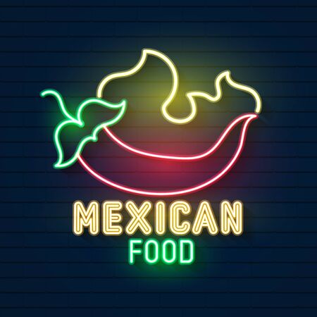 Neon Sign On Mexican Food, Tacos, Street Food, Fast Food, Snack. Bright Neon Billboards, Shining Nightly Ads Of Tacos, Mexican Food, Cafes, Restaurants, Dining, Snack Bars Diningのイラスト素材
