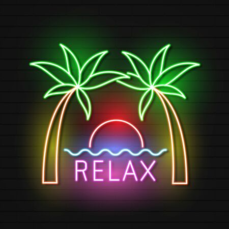 Summer Beach Neon Sign. Neon Sign, Bright Signboard, Light Bannerのイラスト素材