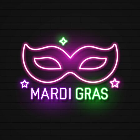 Mardi Gras Masquerade Mask. Shiny Neon Lamps Glow Stylization on Black Brick Wall.   Carnival, Playbill, Night Club Invitation. Beautiful Holiday Flyer. Vector Illustration. Abstract Artのイラスト素材