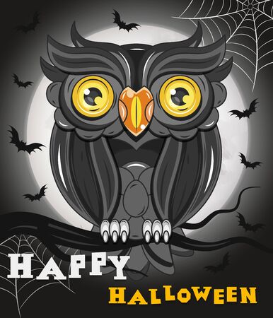 Decorative Owl On A Branch Under The Moon- Happy Halloween - Vector EPS10のイラスト素材
