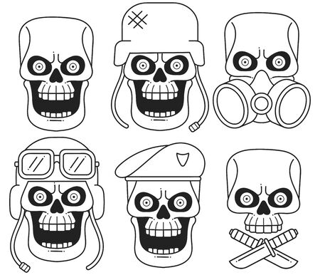 Set Of Different Skull Charactres With Different Modern Street Style City Attributes. Monochrome Style. Isolated On White Backgroundのイラスト素材