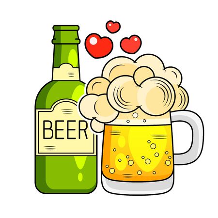 Glass Of Beer And Bottle Flat Icon. Vector Illustration Suitable For Greeting Card, Poster Or T-shirt Printing.のイラスト素材