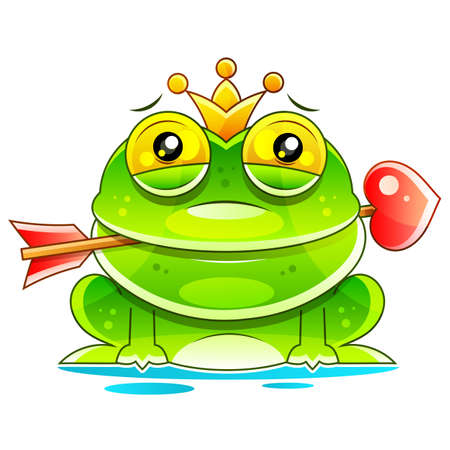 Cute Princess Frog Cartoon Mascot Character With Crown And Arrow. Vector Illustrationのイラスト素材