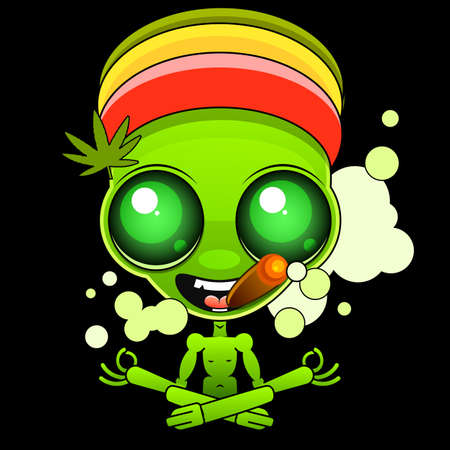 guy, rastaman, With dreadlocks, glasses, with headphones, holds a bong in his hand. Canabis leaf on the background. Template for card, poster, bannerのイラスト素材