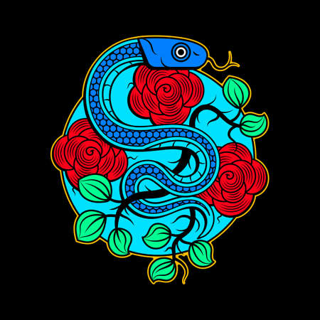 vector snake and skull tattoo design with bannerのイラスト素材