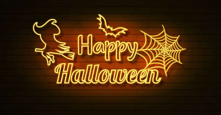 Halloween neon vector sign. Glowing Halloween neon typography with flyingのイラスト素材