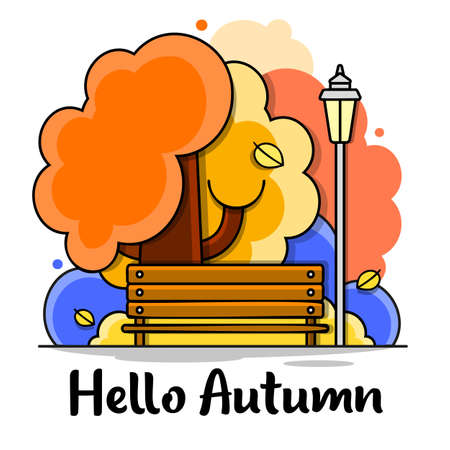 Hello, Autumn. Goodbye, Summer. The trend calligraphy. Vector illustration on the background of autumn leaves.のイラスト素材