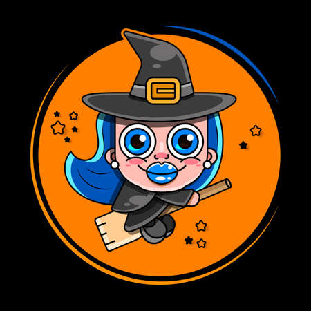 Vector illustration of flying young witch icon. Witch silhuette on a broomstickのイラスト素材
