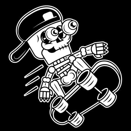Cartoon skeleton with scarf riding skateboard, skidding skateboarding skeletonのイラスト素材