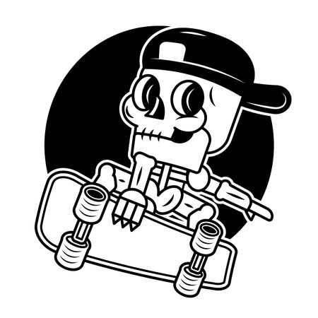 Cartoon skeleton with scarf riding skateboard, skidding skateboarding skeletonのイラスト素材