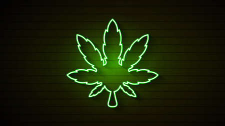 Medical Cannabis Logo with Marijuana Leaf Glowing Neon Light Style Green on Dark Brick Wall Background - Vectorのイラスト素材