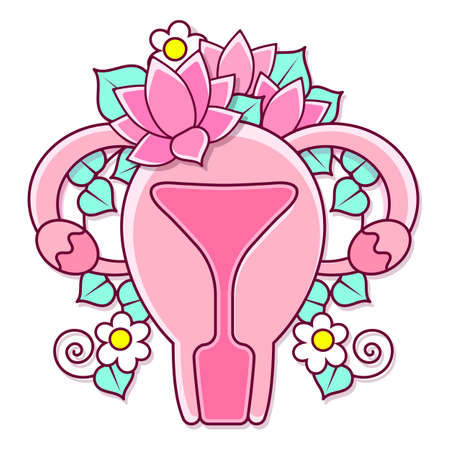 Beautiful Female Reproductive System with Flowers.Feminine Gynecology.Anatomical Female Uterus, Ovaries.Vagina Symbol Menstruation.Hand Drawn Uterus, Womb Female Reproductive Organs. Vector illustrationのイラスト素材
