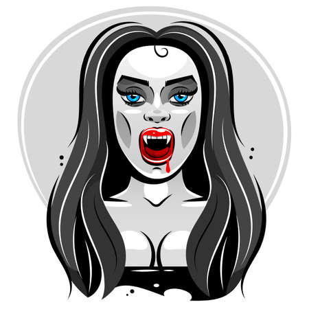 Vector Illustration with vampire mouth open red sexy lips and long teeth isolated on a white background.のイラスト素材