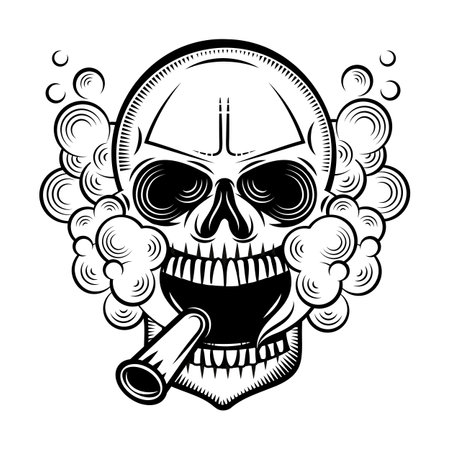 Hand drawn human skull smoking cigar and wearing sunglasses on background. Vectorのイラスト素材