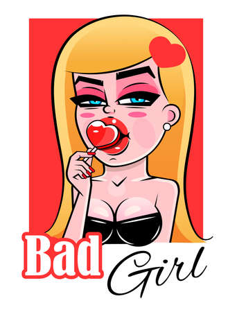 Vector pop art pin up illustration of a young sexy punk girl sucks lollipop heartのイラスト素材