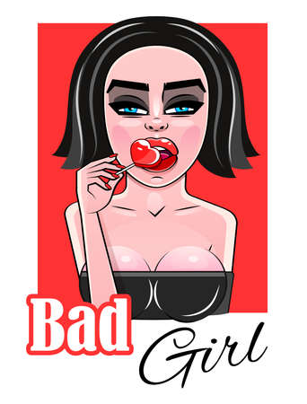 Vector pop art pin up illustration of a young sexy punk girl sucks lollipop heartのイラスト素材