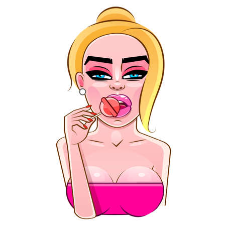 Vector pop art pin up illustration of a young sexy punk girl sucks lollipop heartのイラスト素材
