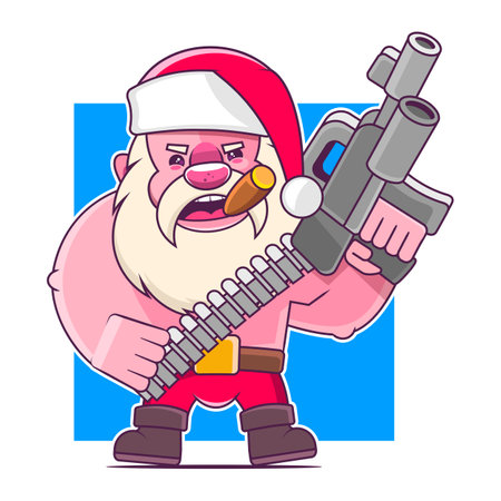 Christmas card. Funny cartoon Santa Claus with huge red bag with presents. Hand drawn text - Santa is coming. Red Santa hat. For Christmas and New Year posters, giftのイラスト素材