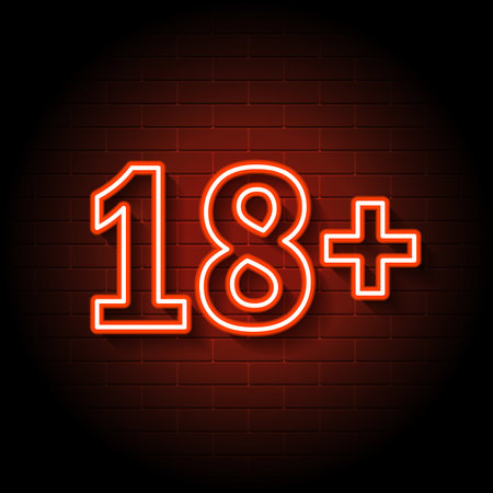 Eighteen plus, age limit, sign in neon style. Only for adults. Night bright neon sign, symbol 18 plus. Vectorのイラスト素材