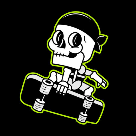 Cool youth skateboarding authentic retro street emblem with skull in baseball cap and skateboard. Grunge worn texture on separate layer.のイラスト素材