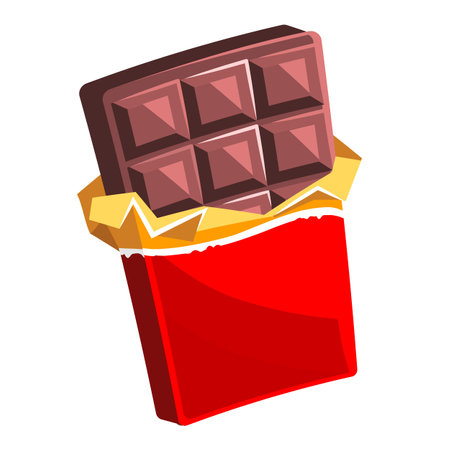 Chocolate bar in opened red wrapped and foil isolated on white background, dessert, illustration in flat styleのイラスト素材