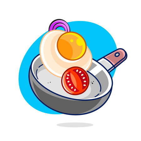 3D render fried egg in a cast iron skillet isolated on pink background vector illustration. Breakfast and home cookingのイラスト素材