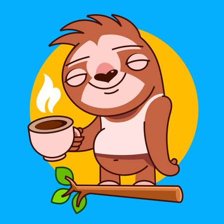 Cute cartoon sloth character drawing set. Hanging from tree branch, sitting, hugging pillow. Funny lazy animal, sleepy sloth hand drawn vector clip art illustration.のイラスト素材