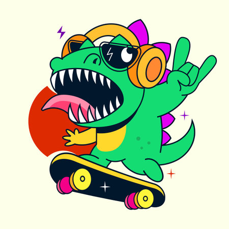 Vector illustration of skateboarding dinosaur with doodle design for tshirt kids and printのイラスト素材
