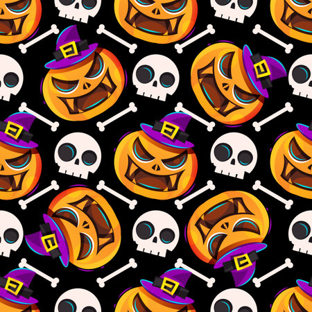 Happy halloween illustration. Seamless pattern with cartoon characters. Cute white ghosts and bats on the background.のイラスト素材