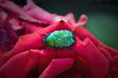 The cockchafer beetle also known as a May bug or Doodlebug sitting on green leaf.の写真素材
