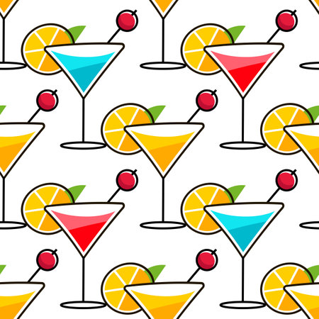 Flat design of yellow orange juice cocktail beverages in different glasses pattern. Vector seamless pattern design for textile, fashion, paper, packaging, wrapping and brandingのイラスト素材